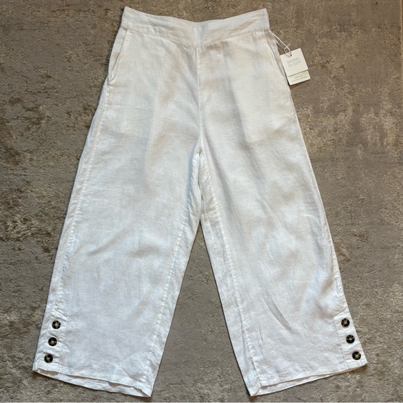 Sigrid Olsen Pants - Sigrid Olsen White Wide-Leg 100% Linen Pants with Button Detail Size Medium